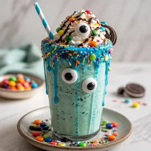 Delicious Monster Milkshakes topped with whipped cream and chocolate.