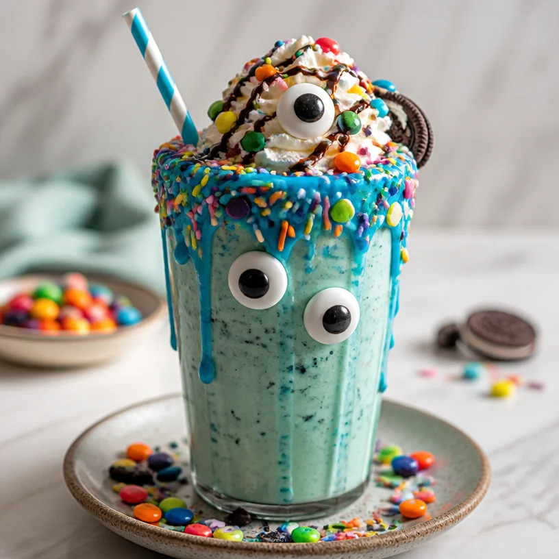 Delicious Monster Milkshakes topped with whipped cream and chocolate.