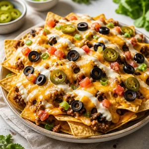 Delicious Monster Nachos topped with cheese, jalapeños, and guacamole