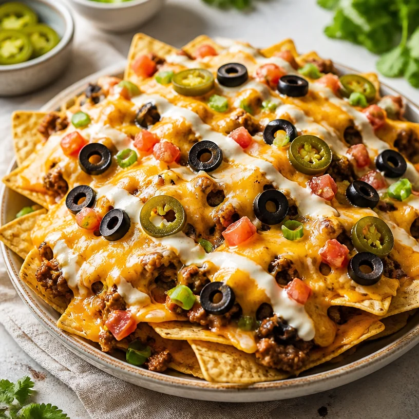 Delicious Monster Nachos topped with cheese, jalapeños, and guacamole