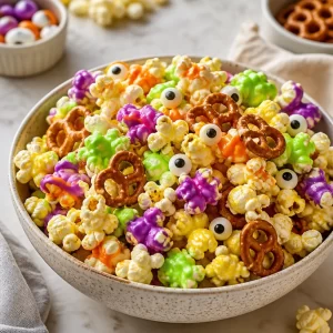 Colorful Monster Popcorn Mix with candies and snacks in a bowl