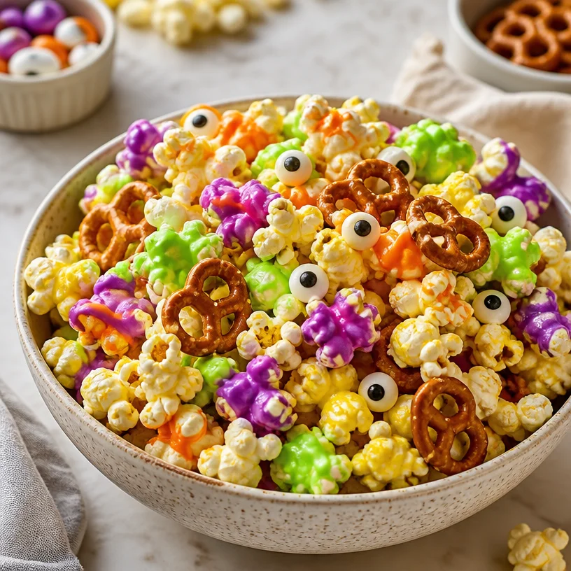Colorful Monster Popcorn Mix with candies and snacks in a bowl