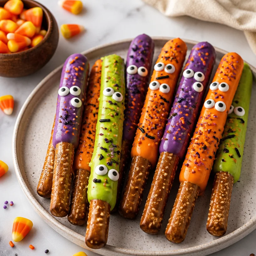 Colorful Monster Pretzel Rods decorated for a festive party treat