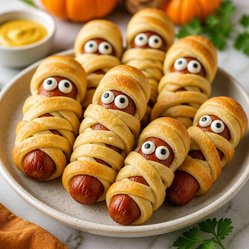 Delicious Mummy Hot Dogs wrapped in pastry for Halloween festivities