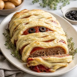 Spooky Mummy Meatloaf for Halloween dinner