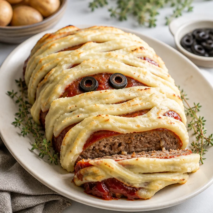 Spooky Mummy Meatloaf for Halloween dinner