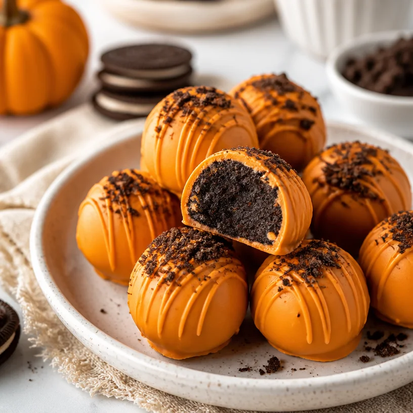 No-bake pumpkin Oreo truffles garnished with sprinkles on a plate