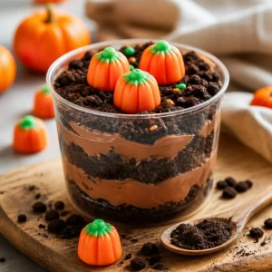 No-bake pumpkin patch dirt cups decorated as spooky fall treats for Halloween.
