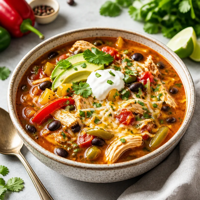 One-pot chicken fajita soup ready in 15 minutes for a quick weeknight meal.