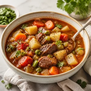 One-Pot Beef Vegetable Soup served in a bowl with fresh herbs