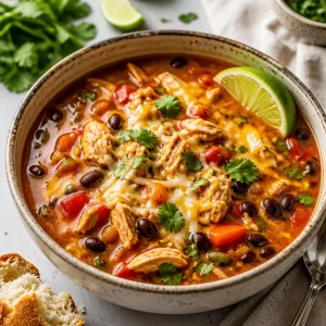 A bowl of one-pot chicken fajita soup garnished with fresh herbs.