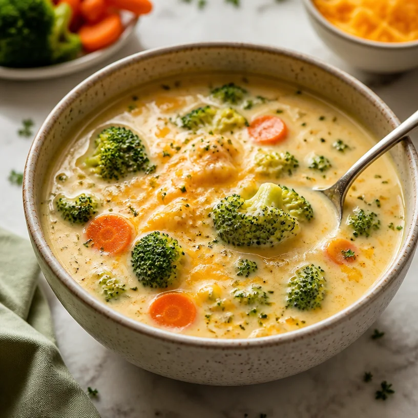 Creamy broccoli cheddar soup in a bowl, perfect for weeknight dinners.