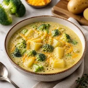 One-Pot Creamy Broccoli & Potato Soup served in a bowl on a wooden table