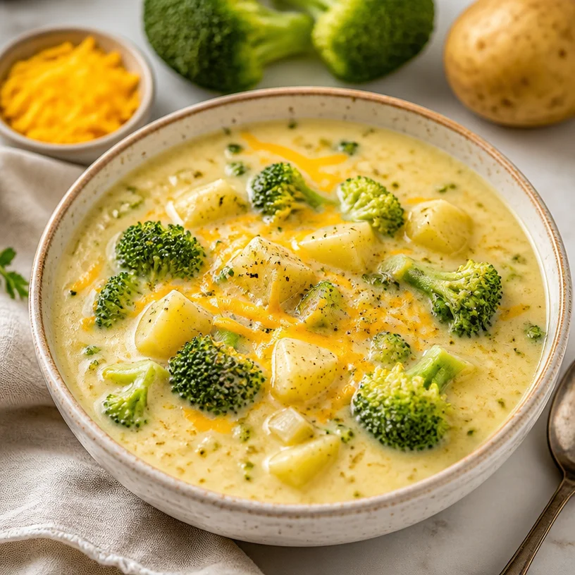 Bowl of creamy broccoli potato soup garnished with fresh herbs in a rustic setting
