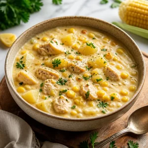 Bowl of creamy chicken corn chowder on a table