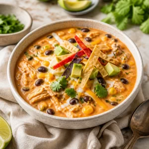 Bowl of creamy chicken enchilada soup garnished with cilantro and tortilla strips