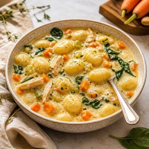 One-Pot Creamy Chicken Gnocchi Soup served in a bowl with herbs and crusty bread