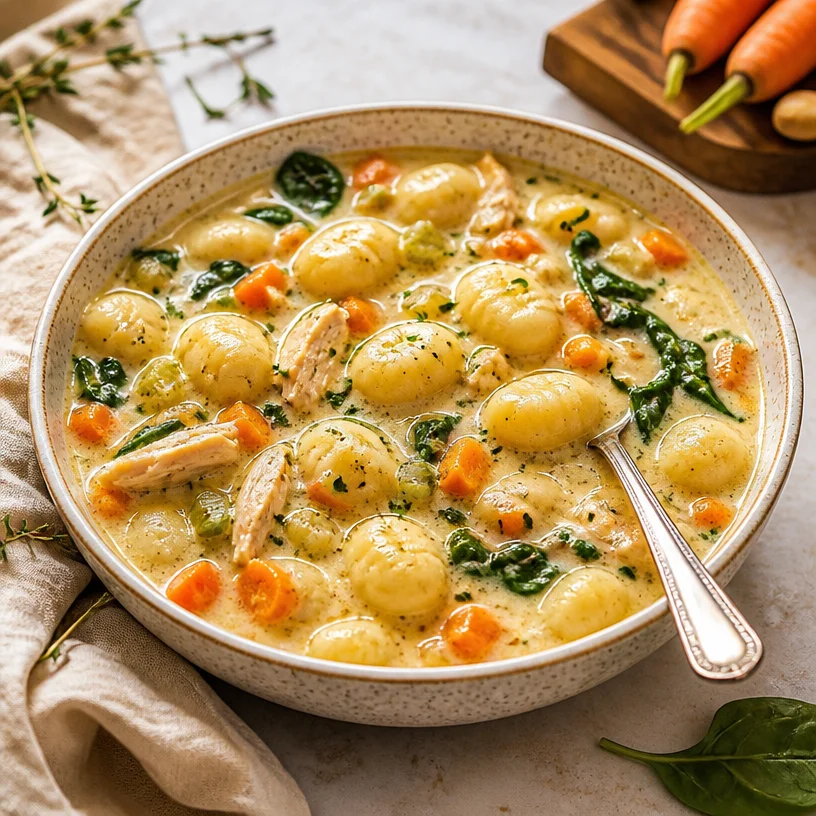 One-Pot Creamy Chicken Gnocchi Soup served in a bowl with herbs and crusty bread