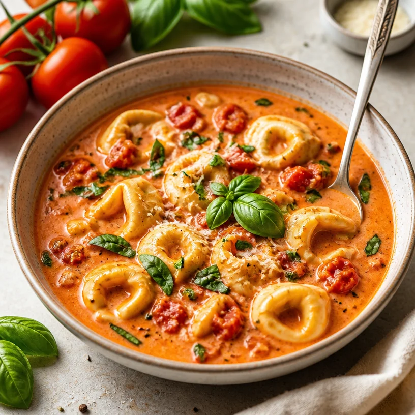 Bowl of creamy tomato tortellini soup garnished with basil and grated cheese