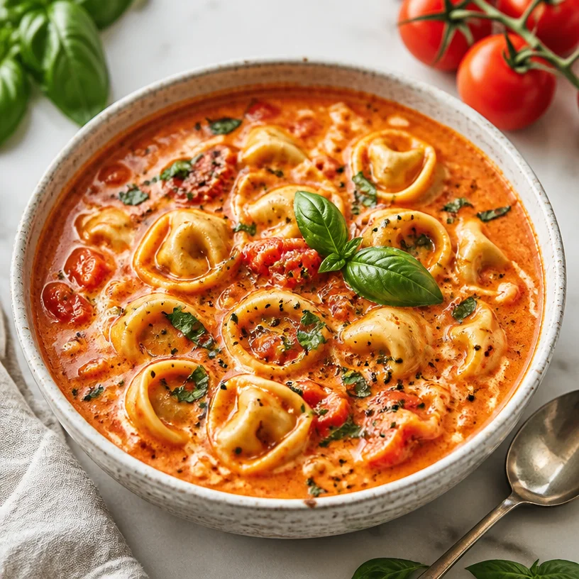 Creamy tomato tortellini soup in a bowl with fresh herbs and parmesan cheese