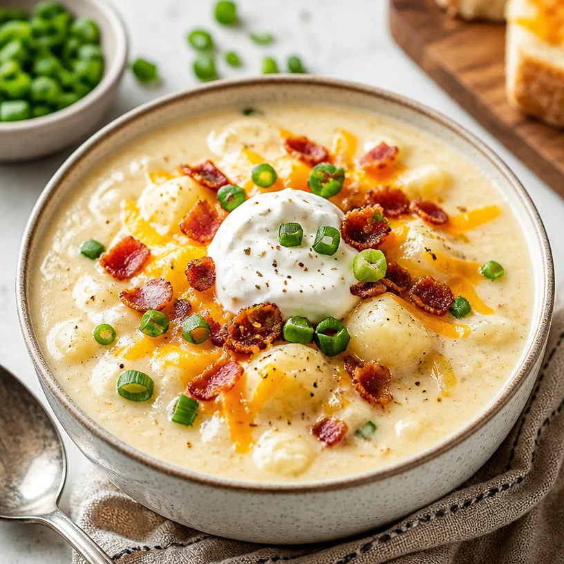 Creamy one-pot loaded baked potato soup topped with cheese and green onions