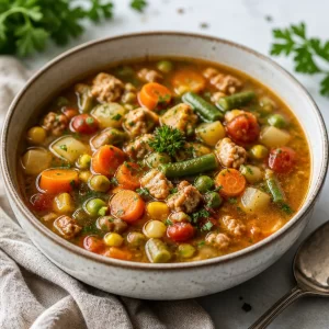 Bowl of One-Pot Turkey Vegetable Soup with colorful vegetables and herbs.