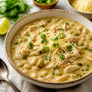 One-pot white chicken chili served in a bowl with toppings