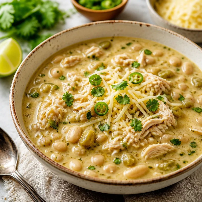 One-pot white chicken chili served in a bowl with toppings