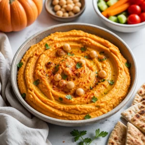 Bowl of pumpkin hummus served with pita bread and veggies