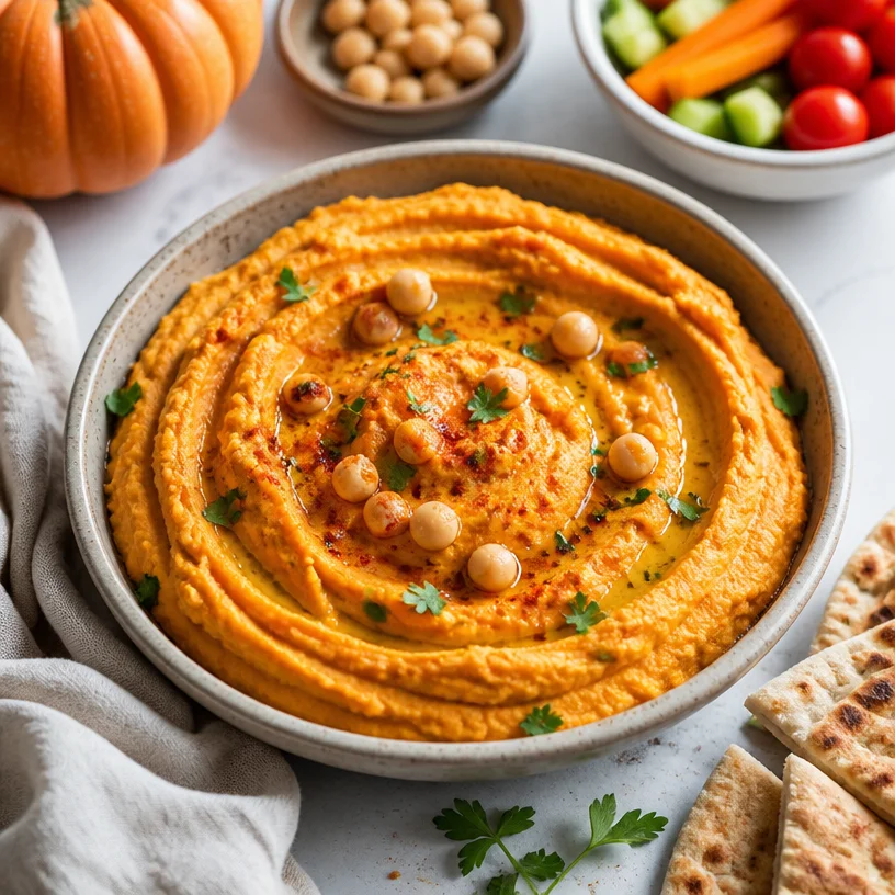 Bowl of pumpkin hummus served with pita bread and veggies