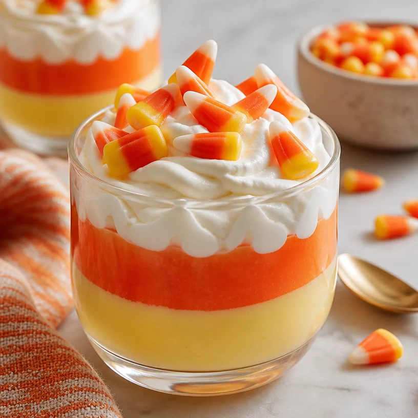 No-bake Halloween Candy Corn Parfaits topped with creamy layers and festive candy corn.