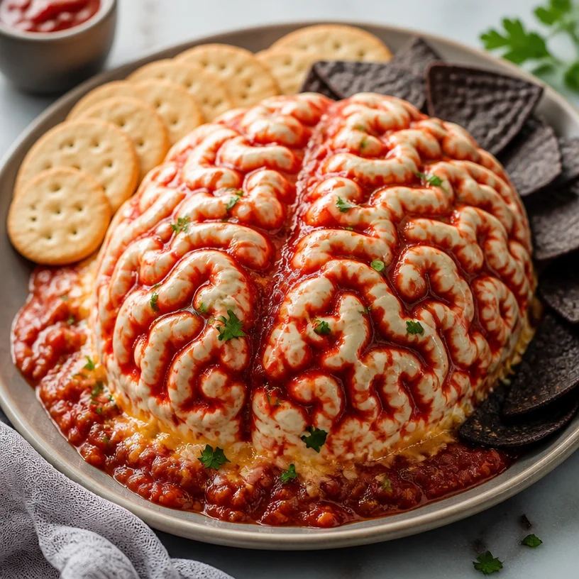 Halloween zombie brain dip served in a skull-shaped bowl for a spooky party.