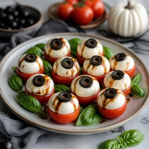 Spooky eyeball caprese bites served on a Halloween-themed platter