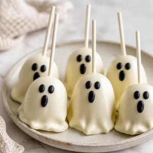 Spooky ghost marshmallow pops decorated for Halloween