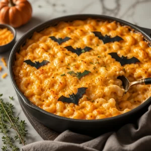 Creamy Halloween Mac and Cheese in a spooky-themed serving dish
