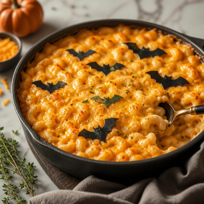 Creamy Halloween Mac and Cheese in a spooky-themed serving dish