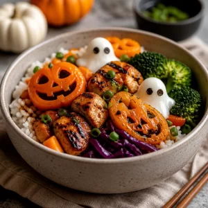 Spooky Halloween rice bowls with toppings and decorations for a festive meal