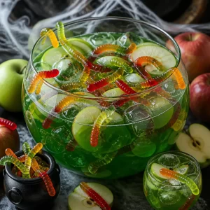 Spooky poison apple punch in a cauldron for Halloween party.