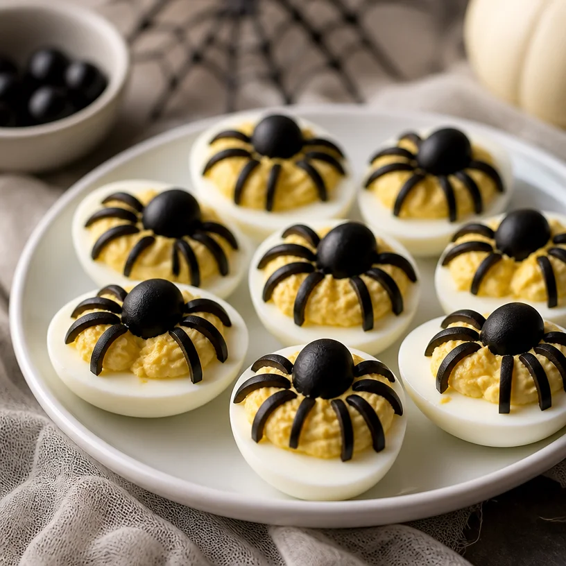 Spooky spider deviled eggs for Halloween party appetizers