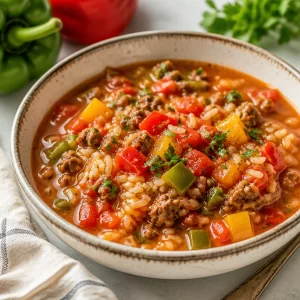 Bowl of delicious stuffed pepper soup garnished with fresh herbs.
