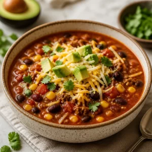 A bowl of flavorful Taco Soup garnished with cilantro and avocado.