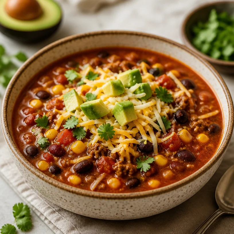 A bowl of flavorful Taco Soup garnished with cilantro and avocado.