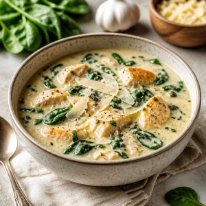 Bowl of creamy spinach chicken soup perfect for a quick weeknight dinner