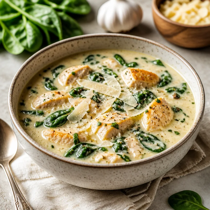 Bowl of creamy spinach chicken soup perfect for a quick weeknight dinner