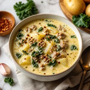 Bowl of Zuppa Toscana soup featuring sausage, kale, and potatoes.